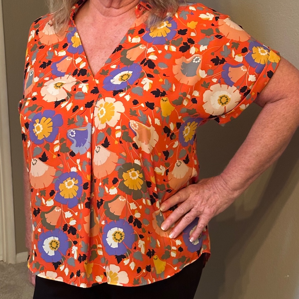 CAbi Orange Floral Short-Sleeve Blouse